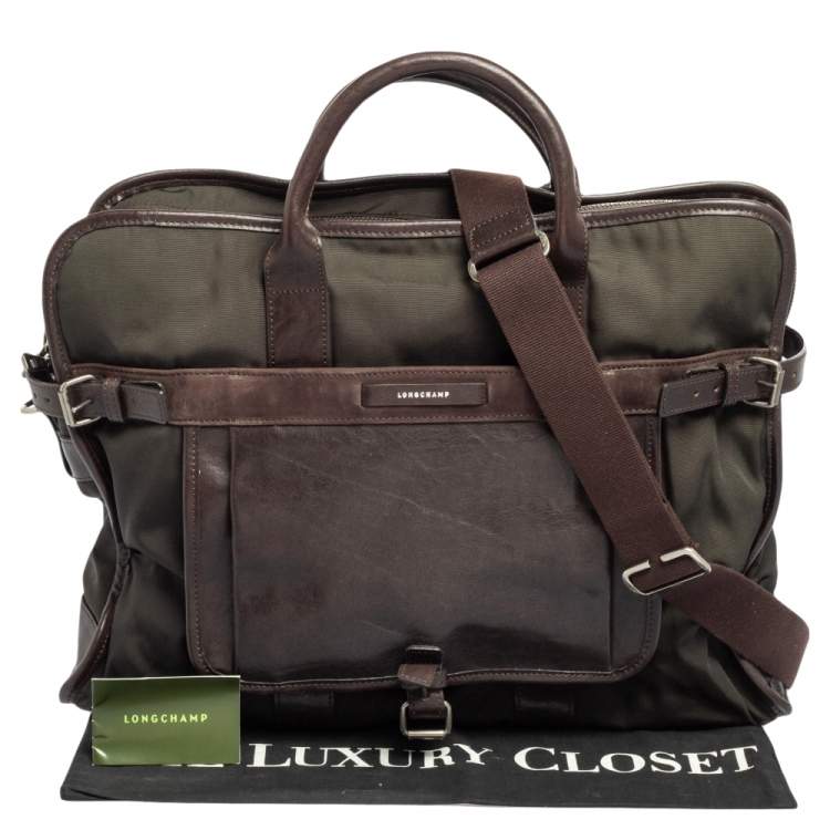 Pre Owned Longchamp Dark Brown/Green Nylon And Leather Weekender Bag