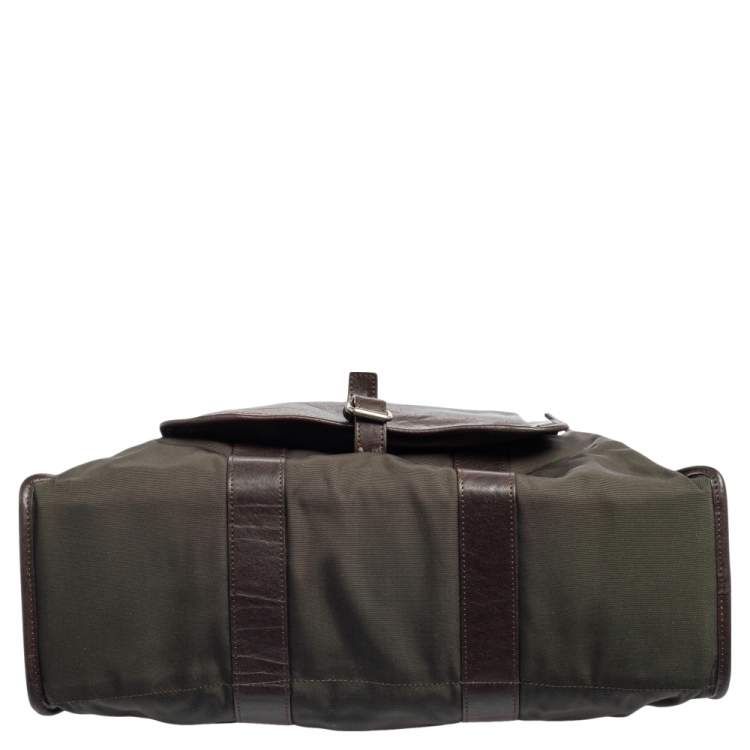 Pre Owned Longchamp Dark Brown/Green Nylon And Leather Weekender Bag
