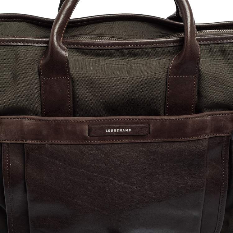 Pre Owned Longchamp Dark Brown/Green Nylon And Leather Weekender Bag
