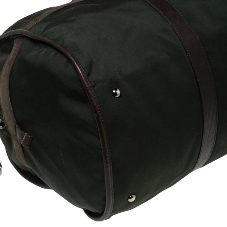 Pre Owned Longchamp Brown/Green Nylon and Leather Duffle Bag
