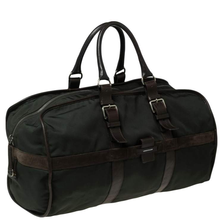 Pre Owned Longchamp Brown/Green Nylon and Leather Duffle Bag