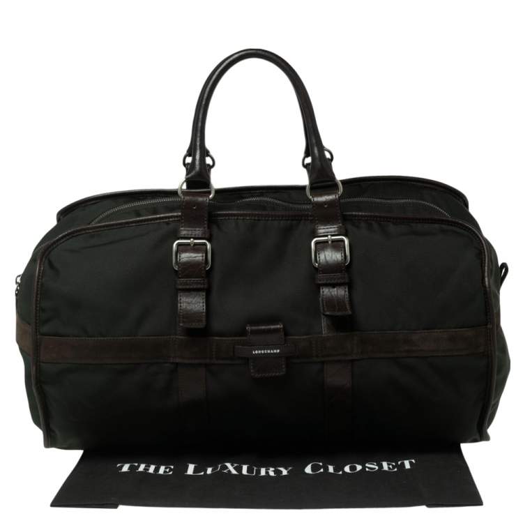 Pre Owned Longchamp Brown/Green Nylon and Leather Duffle Bag