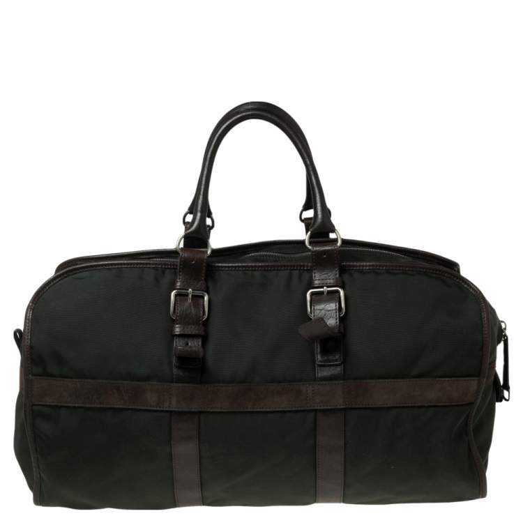 Pre Owned Longchamp Brown/Green Nylon and Leather Duffle Bag