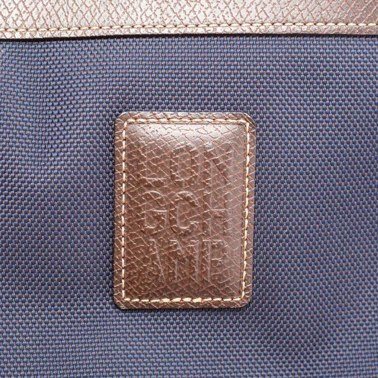 Pre Owned  Longchamp Navy Blue/Brown Leather And Canvas Boxford Laptop Bag