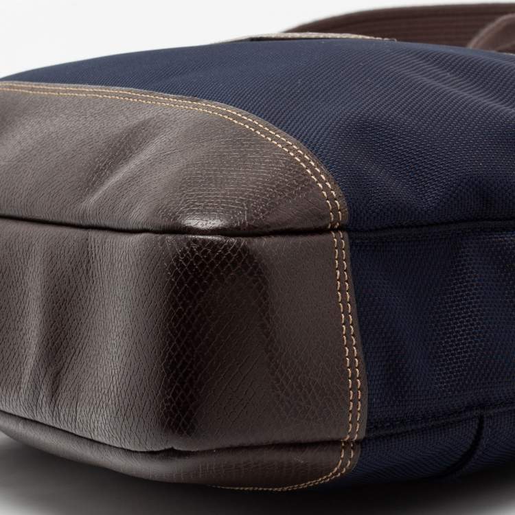 Pre Owned  Longchamp Navy Blue/Brown Leather And Canvas Boxford Laptop Bag
