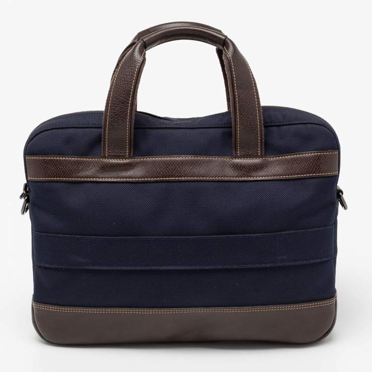 Pre Owned  Longchamp Navy Blue/Brown Leather And Canvas Boxford Laptop Bag