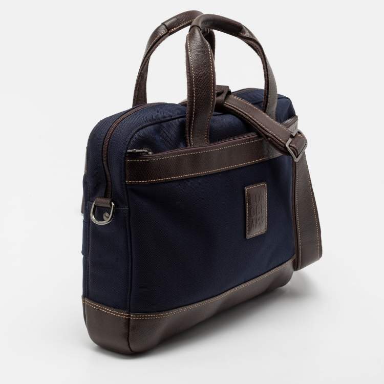 Pre Owned  Longchamp Navy Blue/Brown Leather And Canvas Boxford Laptop Bag