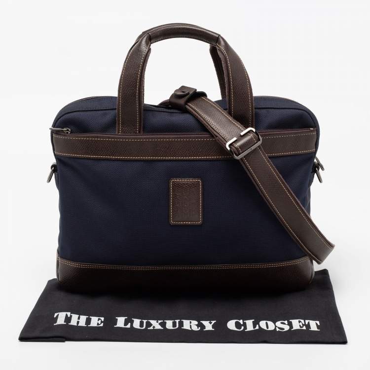 Pre Owned  Longchamp Navy Blue/Brown Leather And Canvas Boxford Laptop Bag