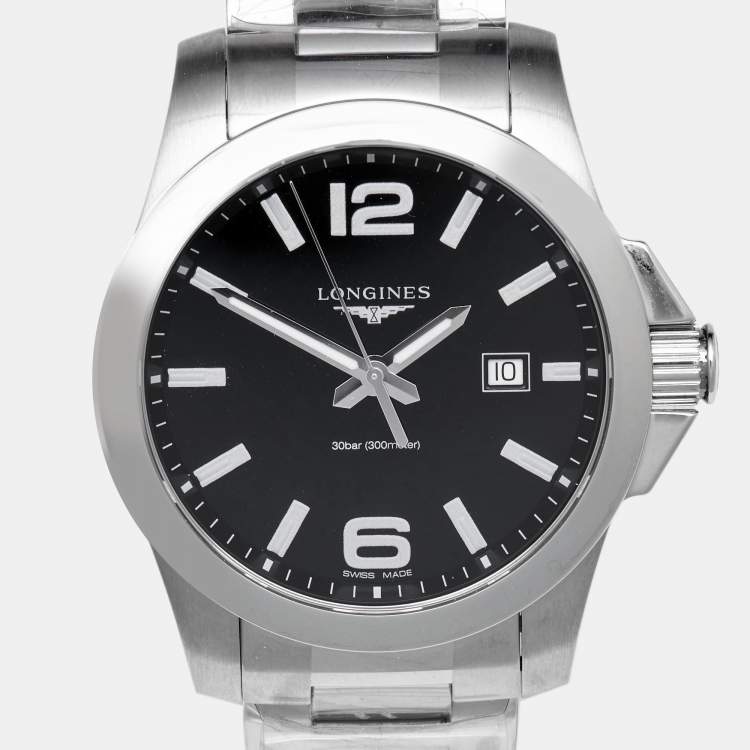 Pre Owned Longines Black Stainless Steel Conquest L37604566 Men's Wristwatch 43 mm