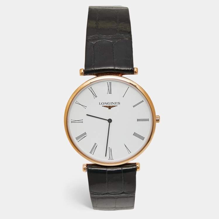 Pre Owned Longines La Grande Classique L4.766.1.91.2 White Dial Rose Gold PVD Coated Stainless Steel Alligator Leather Men's Wristwatch 37 mm