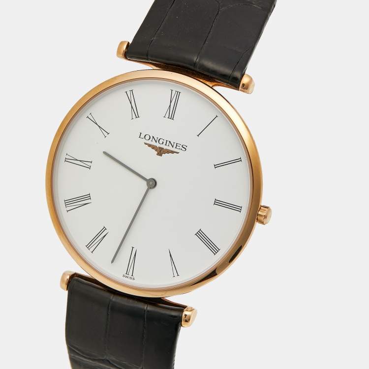 Pre Owned Longines La Grande Classique L4.766.1.91.2 White Dial Rose Gold PVD Coated Stainless Steel Alligator Leather Men's Wristwatch 37 mm