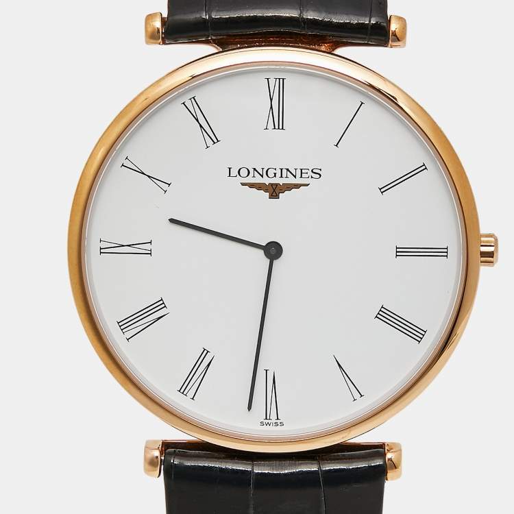 Pre Owned Longines La Grande Classique L4.766.1.91.2 White Dial Rose Gold PVD Coated Stainless Steel Alligator Leather Men's Wristwatch 37 mm