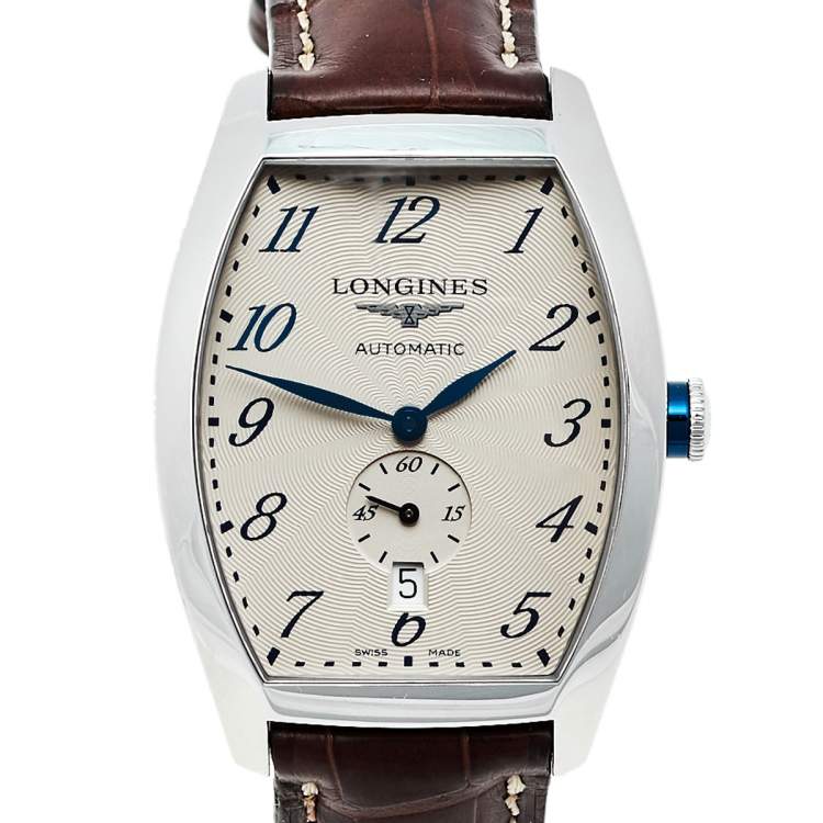 Pre Owned Longines Silver Stainless Steel Leather Evidenza L2.642.4.73.4 Automatic Men's Wristwatch 33 mm