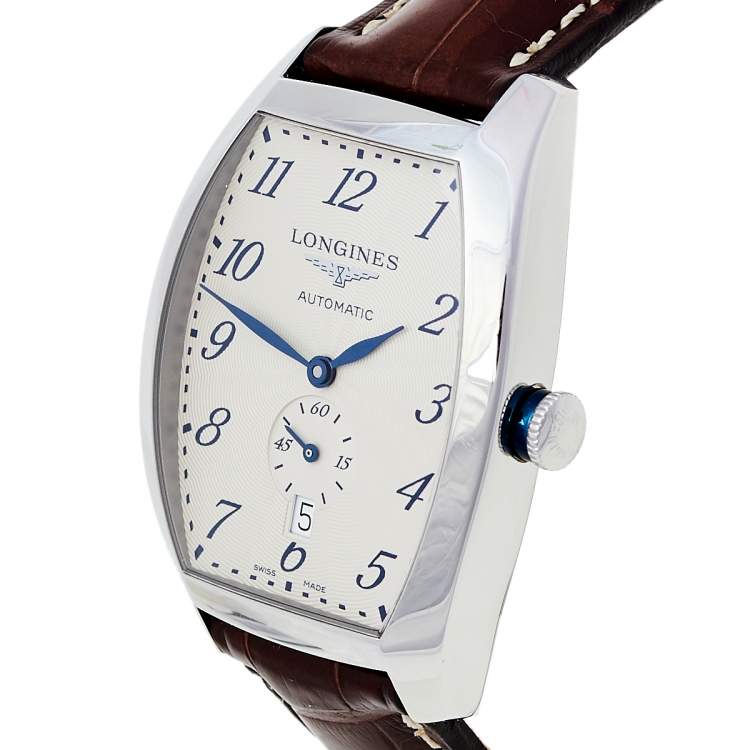 Pre Owned Longines Silver Stainless Steel Leather Evidenza L2.642.4.73.4 Automatic Men's Wristwatch 33 mm