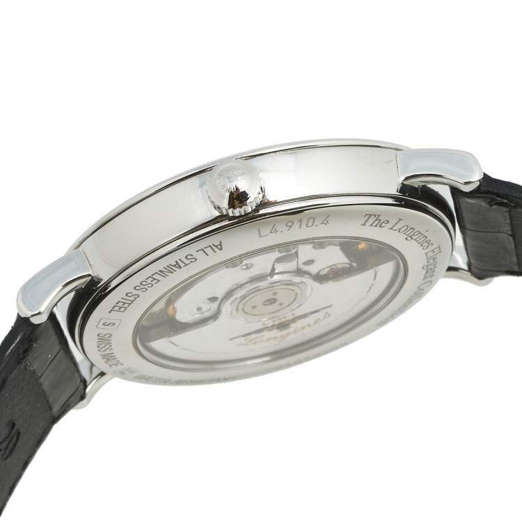 Pre Owned Longines White Stainless Steel Alligator The Elegant Collection L4.910.4.11.2 Men's Wristwatch 39 mm