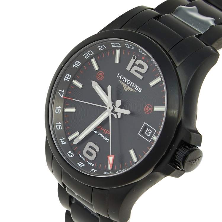Pre Owned Longines Black PVD Coated Stainless Steel Conquest V.H.P. GMT L3.718.2.56.6 Men's Wristwatch 41 mm