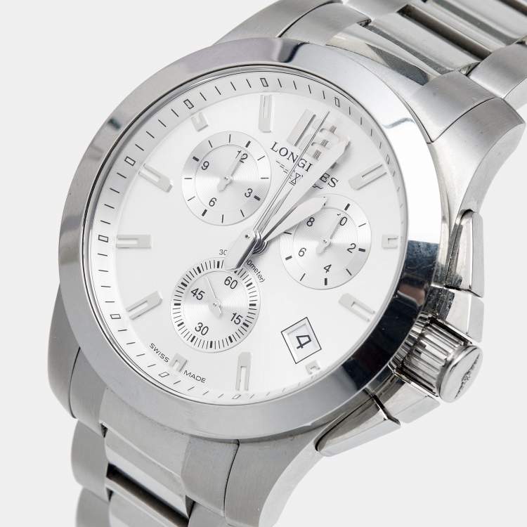 Pre Owned Longines Silver Stainless Steel Conquest L3.660.4.76.6 Men's Wristwatch 41 mm 