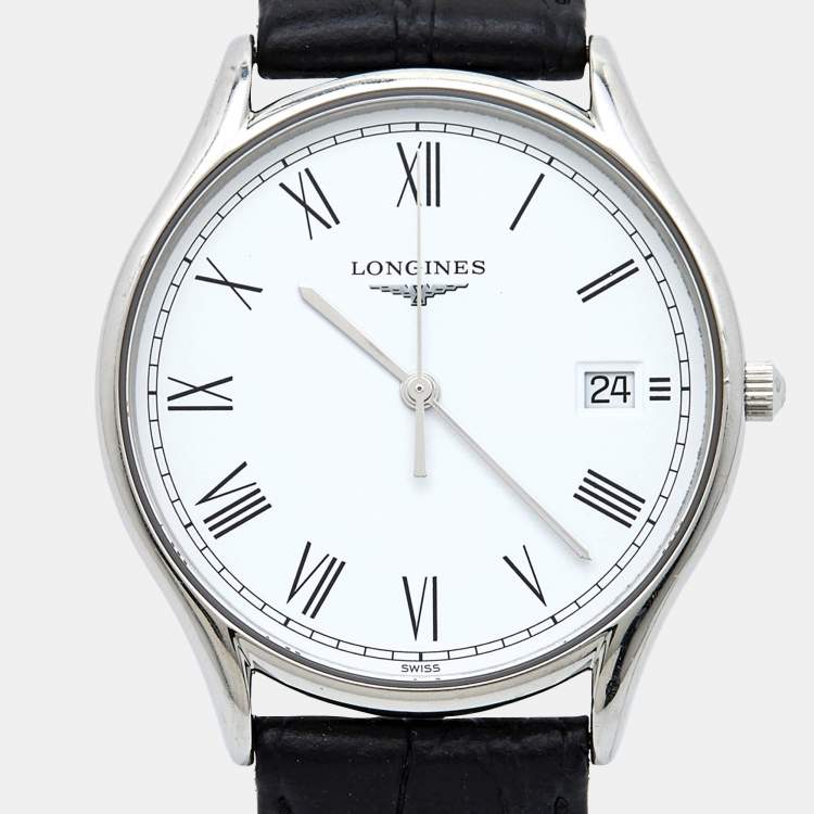 Pre Owned Longines White Stainless Steel Leather Lyre L4.759.4.11.2 Men's Wristwatch 35 mm