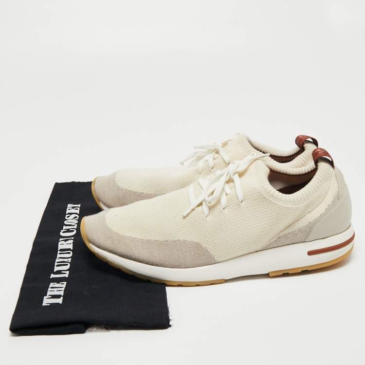 مملوكة مسبقًا Loro Piana Cream/Grey Knit Fabric And Leather 360 Flexy Walk Low Top Sneakers Size 45 