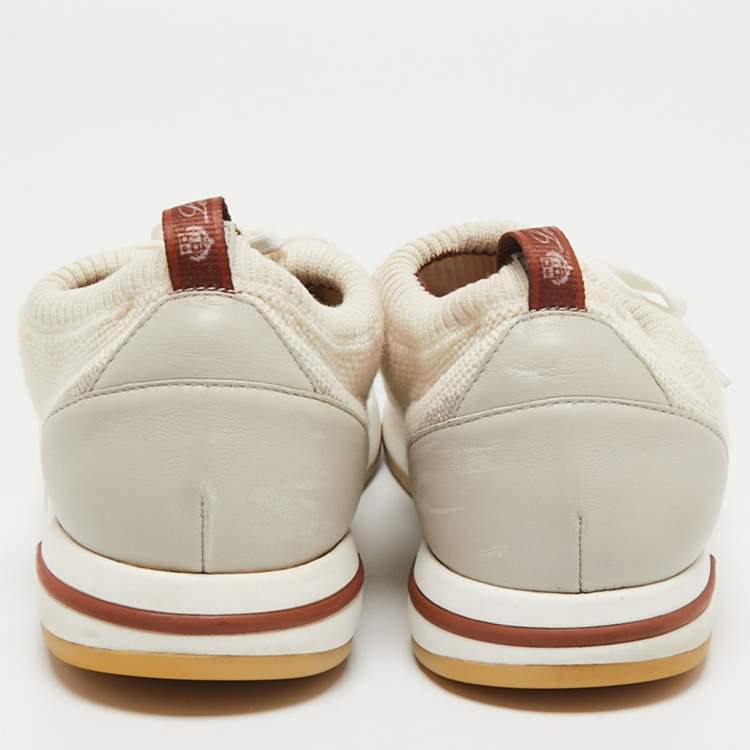 مملوكة مسبقًا Loro Piana Cream/Grey Knit Fabric And Leather 360 Flexy Walk Low Top Sneakers Size 45 