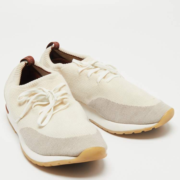 مملوكة مسبقًا Loro Piana Cream/Grey Knit Fabric And Leather 360 Flexy Walk Low Top Sneakers Size 45 