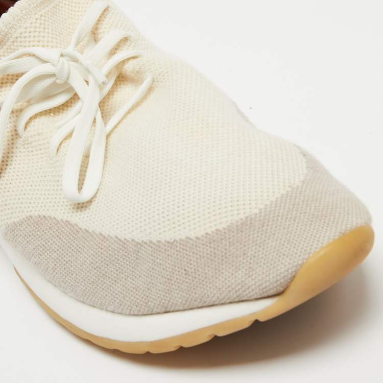 مملوكة مسبقًا Loro Piana Cream/Grey Knit Fabric And Leather 360 Flexy Walk Low Top Sneakers Size 45 