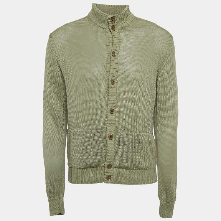 Pre Owned Loro Piana Light Green Linen Knit Button Front Cardigan L