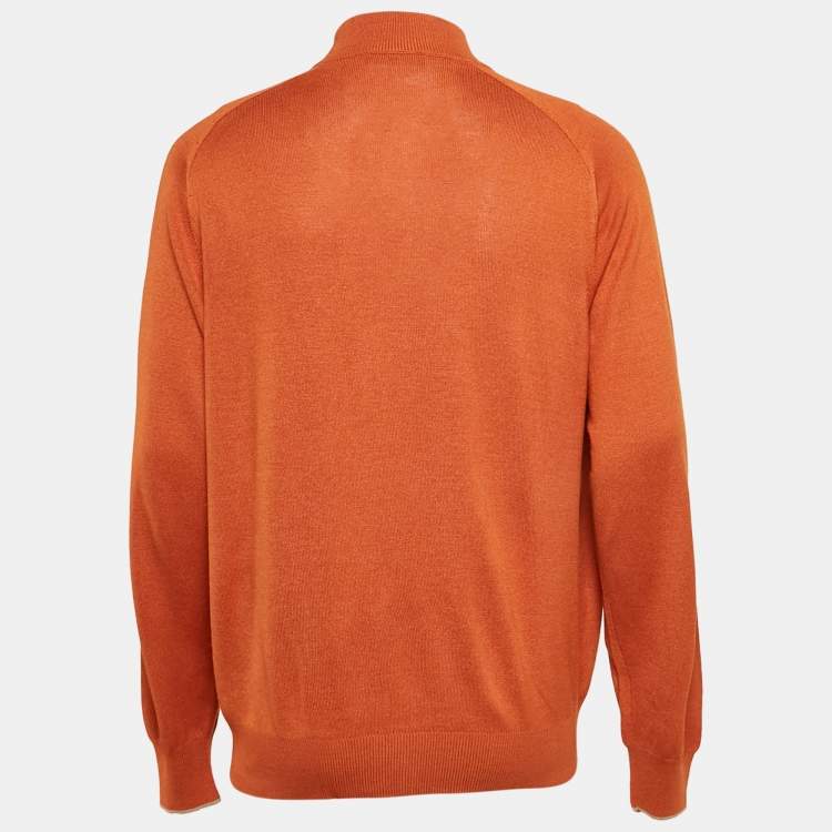 Pre Owned Loro Piana Orange Silk Knit Zip-Up Sweater XXXL