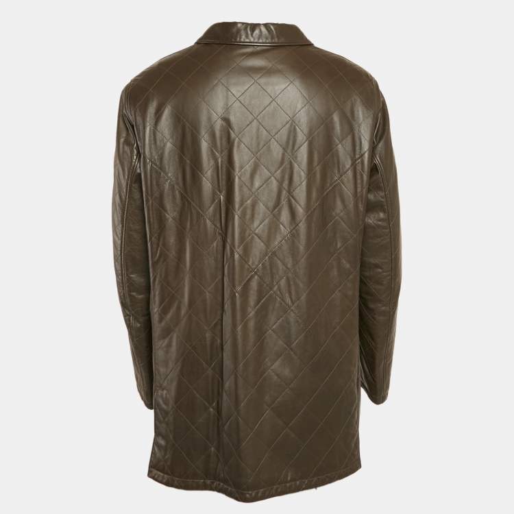 Pre Owned Loro Piana Brown Quilted Leather Button Front Jacket XXL