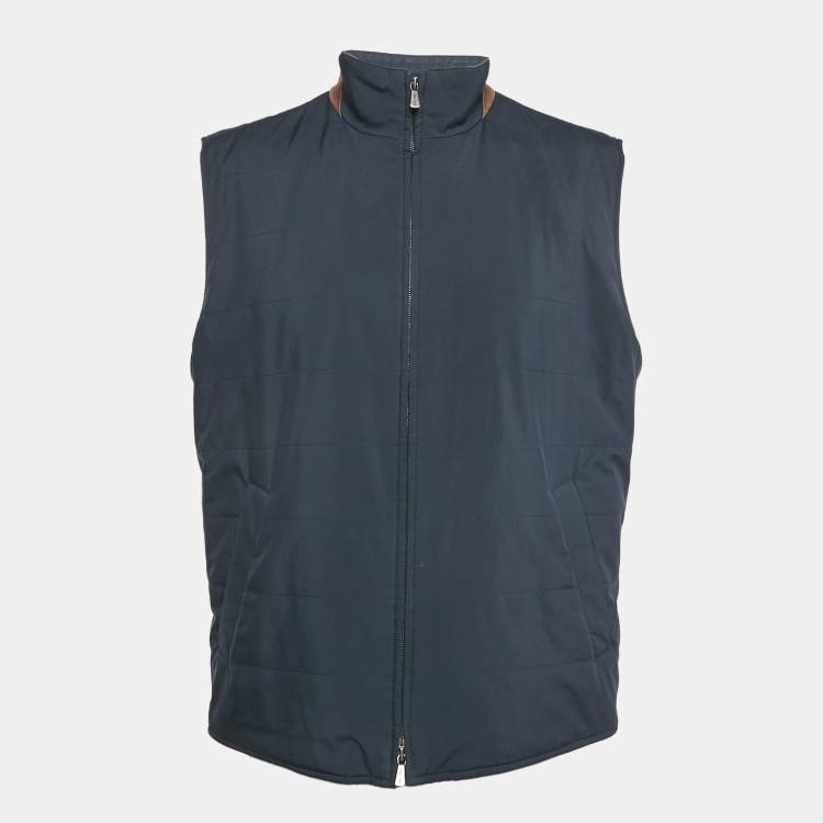 Pre Owned Loro Piana Navy Blue Synthetic High Neck Zip-Up Vest XL
