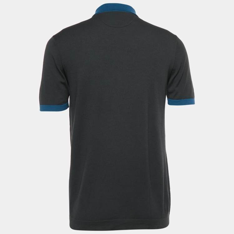 Pre Owned Loro Piana Navy Blue Wool Paneled Zip-Up Polo T-Shirt M