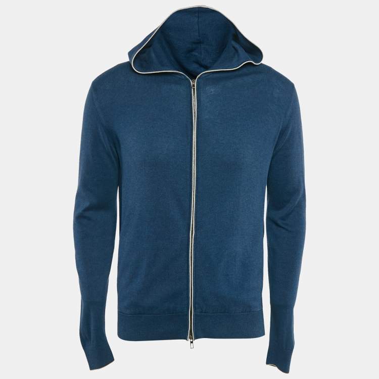 Pre Owned Loro Piana Blue Cashmere and Cotton Knit Hooded Leasure Bomber Jacket M
