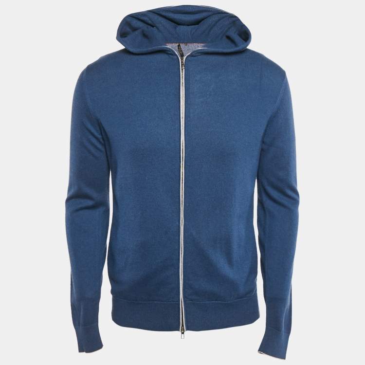 Pre Owned Loro Piana Blue Cashmere and Cotton Knit Hooded Leasure Bomber Jacket M