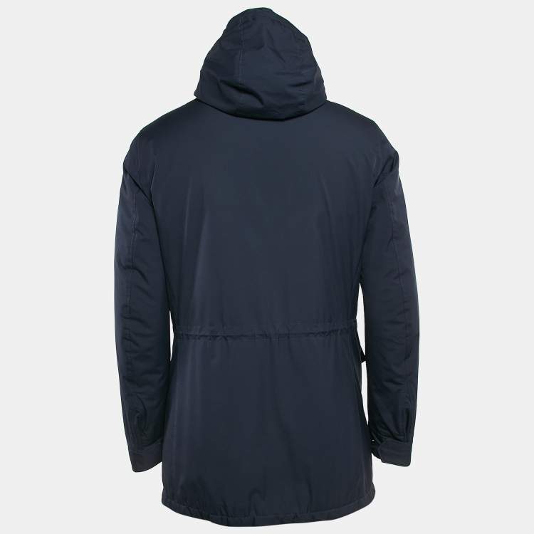 Pre Owned Loro Piana Navy Blue Nylon Fur Lined Storm System Hooded Jacket S