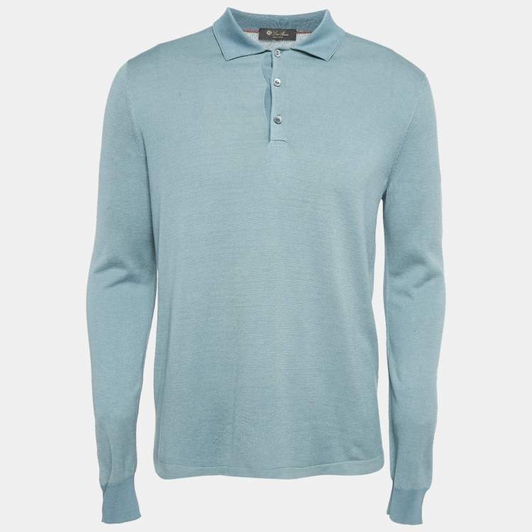 Pre Owned Loro Piana Blue Silk Jersey Full Sleeve Polo T-Shirt L