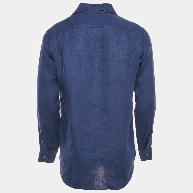 Pre Owned Loro Piana Navy Blue Linen Button Front Long Sleeve Shirt M