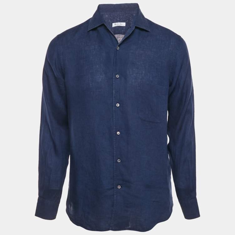 Pre Owned Loro Piana Navy Blue Linen Button Front Long Sleeve Shirt M