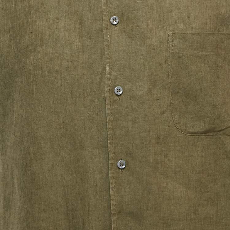 Pre Owned Loro Piana Khaki Green Linen Button Front Shirt M