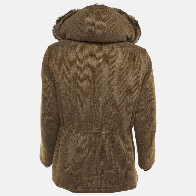 Pre Owned Loro Piana Brown Cashmere Fur Trim Storm System Coat L