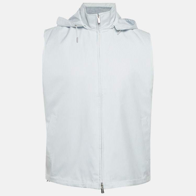 Pre Owned جاكيت بلا أكمام لوورو بيانا مخطط أزرق قابل للعكس صناعي وكتان مقاس متوسط