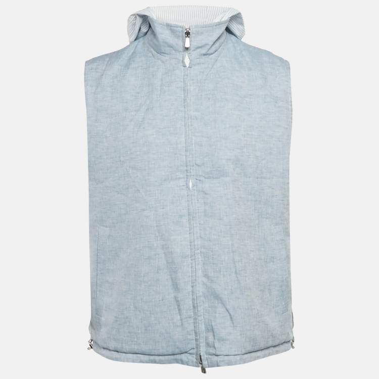 Pre Owned جاكيت بلا أكمام لوورو بيانا مخطط أزرق قابل للعكس صناعي وكتان مقاس متوسط