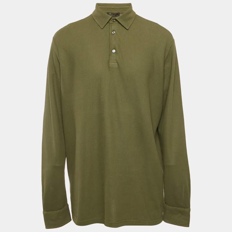 Pre Owned Loro Piana Green Pique Cotton Long Sleeve Polo T-Shirt 4XL