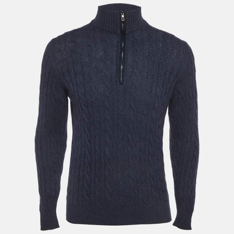 Pre Owned Loro Piana Blue Cable Cashmere Knit Half Zipper Sweater L