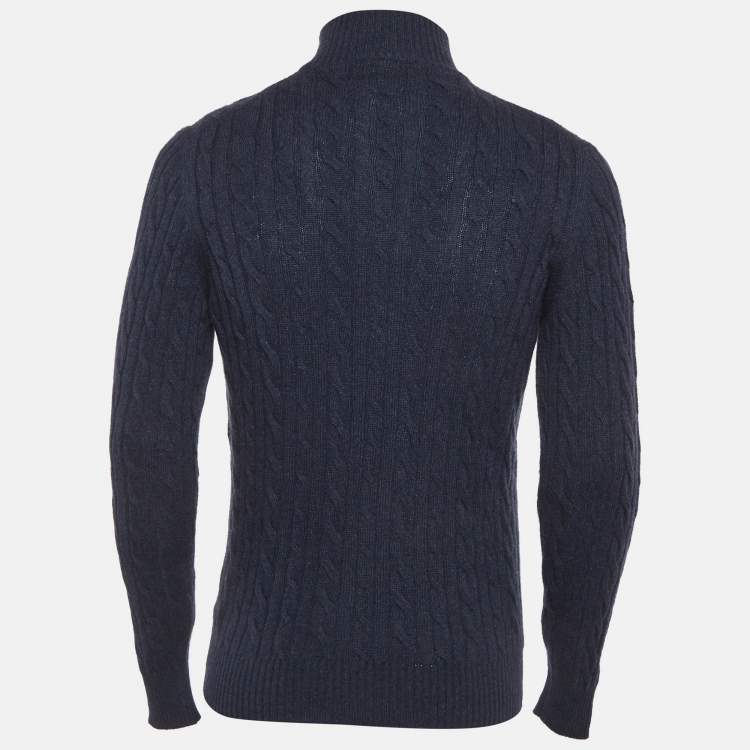 Pre Owned Loro Piana Blue Cable Cashmere Knit Half Zipper Sweater L