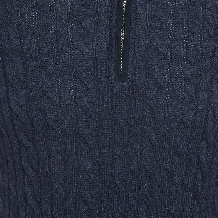 Pre Owned Loro Piana Blue Cable Cashmere Knit Half Zipper Sweater L