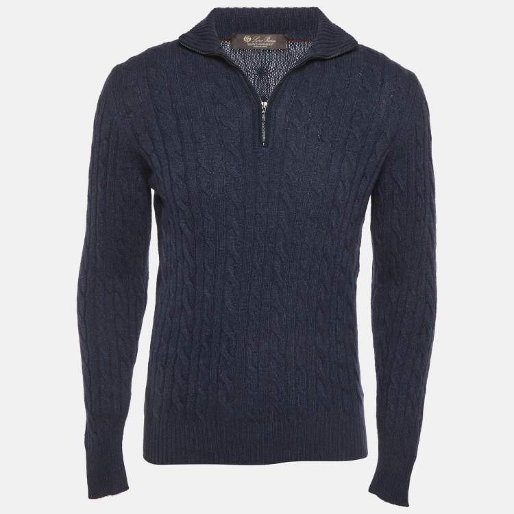 Pre Owned Loro Piana Blue Cable Cashmere Knit Half Zipper Sweater L