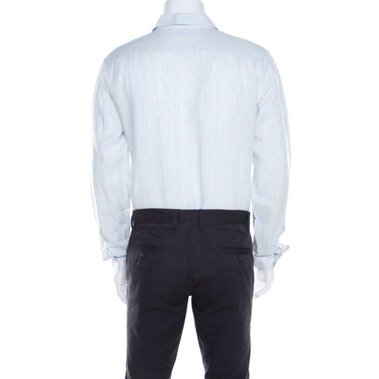 مملوكة مسبقًا Loro Piana Pale Blue Striped Button Front Andre Linen Shirt M