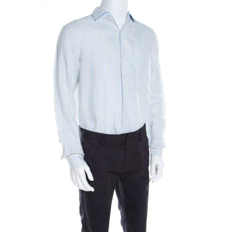 مملوكة مسبقًا Loro Piana Pale Blue Striped Button Front Andre Linen Shirt M