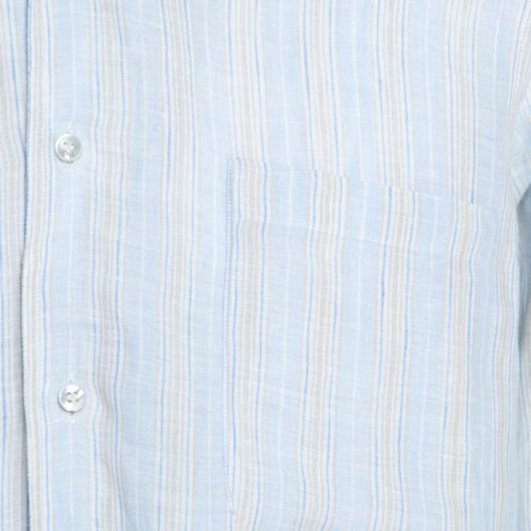 مملوكة مسبقًا Loro Piana Pale Blue Striped Button Front Andre Linen Shirt M