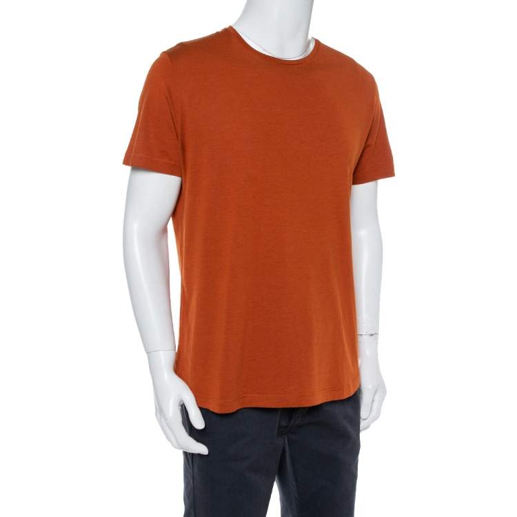 Pre Owned Loro Piana Rust Orange Silk Knit Crewneck T Shirt XL